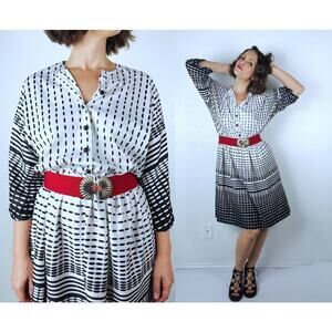 vintage 80s Black & White GRADIENT DOTS Secretary DRESS xl button up full skirt